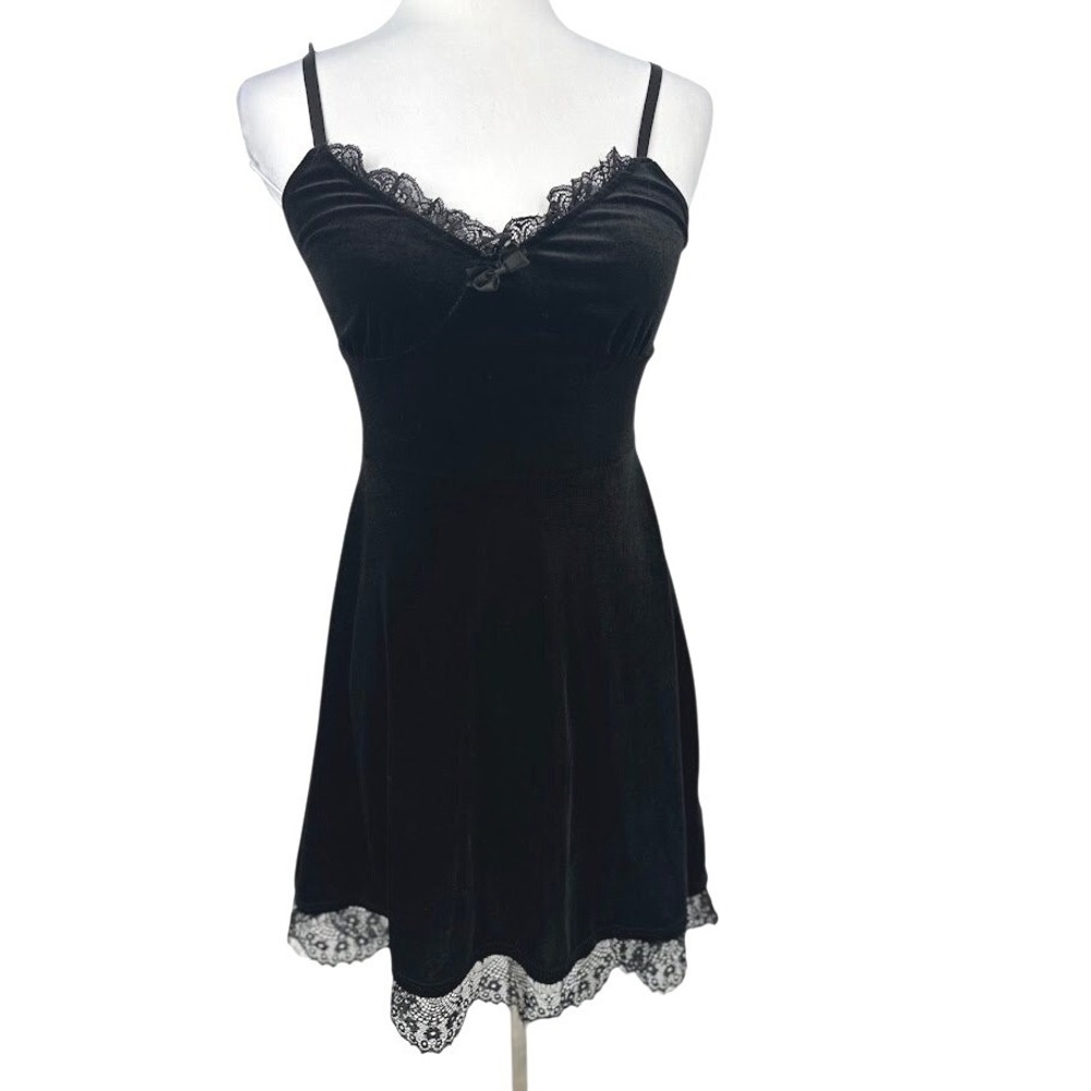 ROMWE Cami Dress‎ S Black Velvet Lace Bow Gothic Grunge Party Emo Dark Romantic